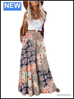 Boho Maxi Skirt High Waist Tiered Flowy Long Skirt with Pockets
